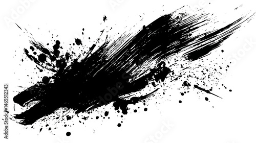 Grungy brush strokes and paint splatters simple black silhouette vector isolated on white background  -  