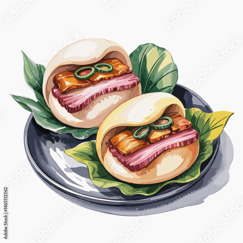Watercolor Gua Bao with Glazed Pork Belly and Greens