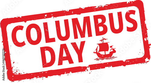 Columbus Day Stamp: A festive, vibrant red stamp design commemorating Columbus Day, featuring the iconic ship and symbolic imagery of exploration and discovery. 