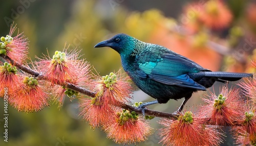a tui a native new zealand bird perches on a branch of kowhai