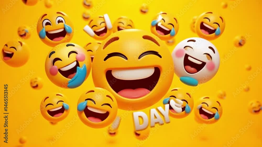 4K World Laughter Day video featuring smiling faces and animated laughing emojis on a bright yellow background