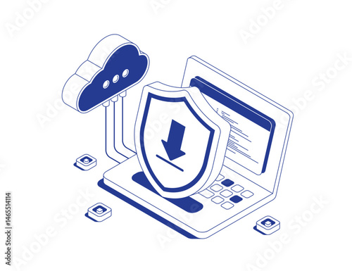 Laptop connected to cloud service with download shield icon symbolizing secure file transfer in isometric line contour vector illustration.