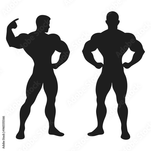 Two muscular man silhouettes are posing, showing off strong physiques against a plain backdrop
