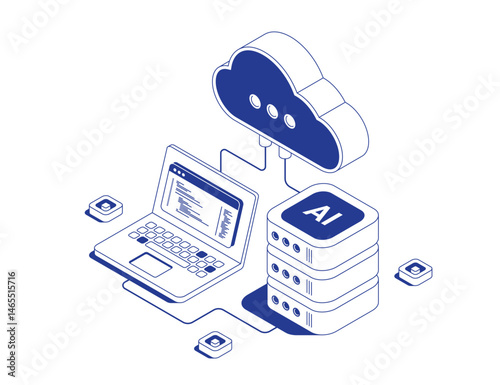 AI Server Rack, Cloud Computing Technology and Software Developer Coding Python on Laptop. Modern Isometric Vector Illustration of Big Data, Cybersecurity and Machine Learning Infrastructure