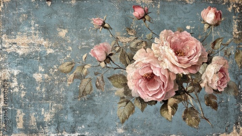 A Victorian-style floral print wallpaper with faded hues and distressed edges 