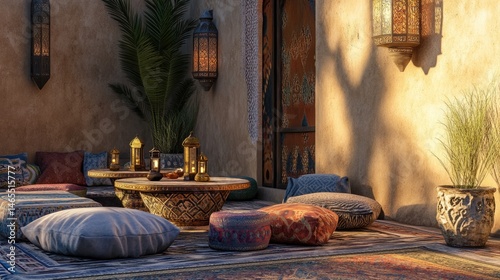 Serene Moroccan Patio: Sunset Relaxation with Lanterns and Pillows