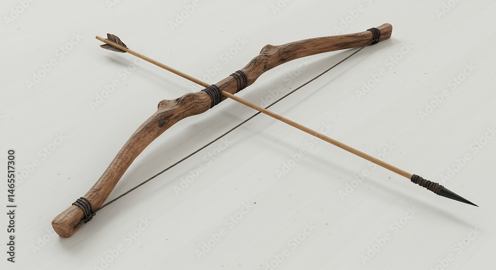 Obraz premium Handcrafted wooden bow and arrow on a neutral background isolated for commercial use