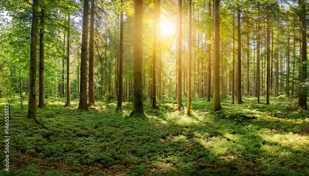 Fototapeta premium panorama of a wild forest in summer with bright sun shining through the trees