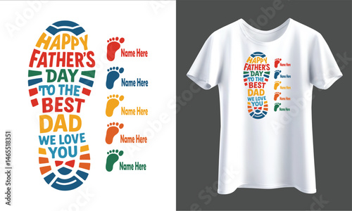 Father’s Day Footprint Shirt Design with Customizable Kids’ Names – High Resolution PNG Isolated on Transparent Background