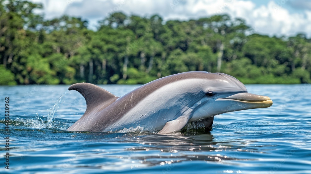 Naklejka premium Dolphin emerging from water, lush forest backdrop