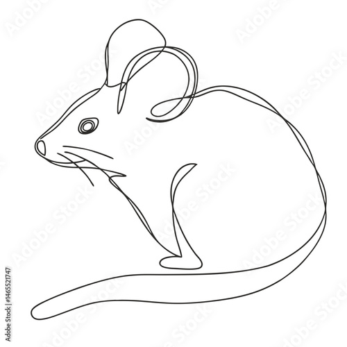 Simple continuous line drawing of a mouse. Minimalist one-line artwork capturing the charm and simplicity of small rodent form with playful ears.