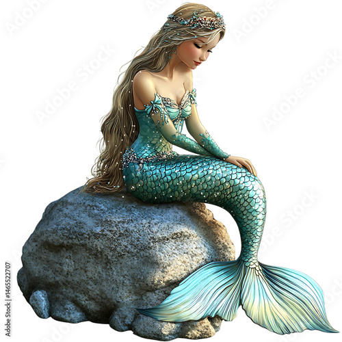 A Cartoon Mermaid Sitting on a Rock Shimmering Aqua Isolated on Transparent Background