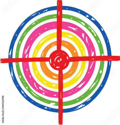 Hand-drawn colorful target icon in childish sketch style on transparent background
