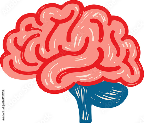Hand-drawn human brain icon in childish colorful sketch style on transparent background
