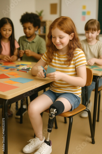 Obraz na płótnie A young girl with a prosthetic leg participates in a classroom arts and crafts activity alongside diverse classmates. w salonie