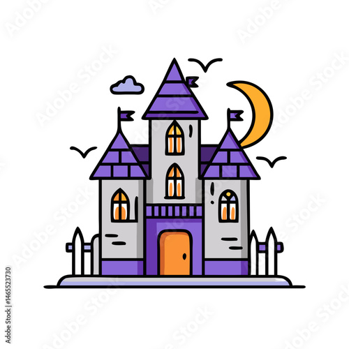 Halloween haunted house castle spooky night scene with moon and bats vector illustration design