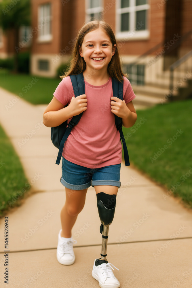 A smiling young Caucasian girl with a prosthetic leg walks confidently with a backpack on a sidewalk outside a school building.