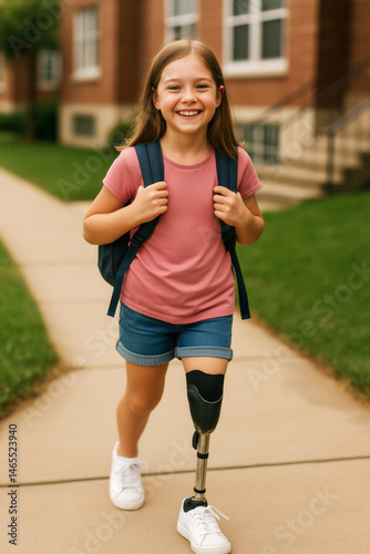 Obraz na płótnie A smiling young Caucasian girl with a prosthetic leg walks confidently with a backpack on a sidewalk outside a school building. w salonie