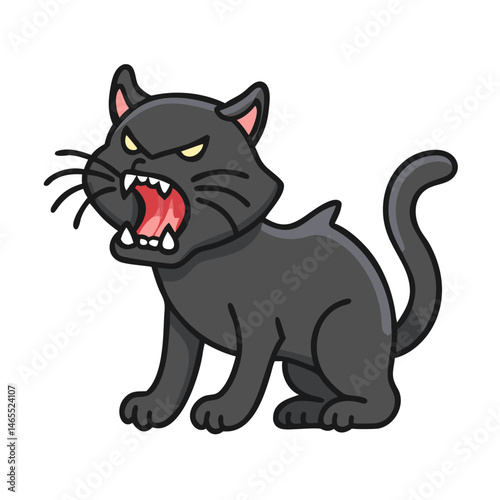 Angry cartoon black cat hissing vector illustration for halloween spooky pet animal design