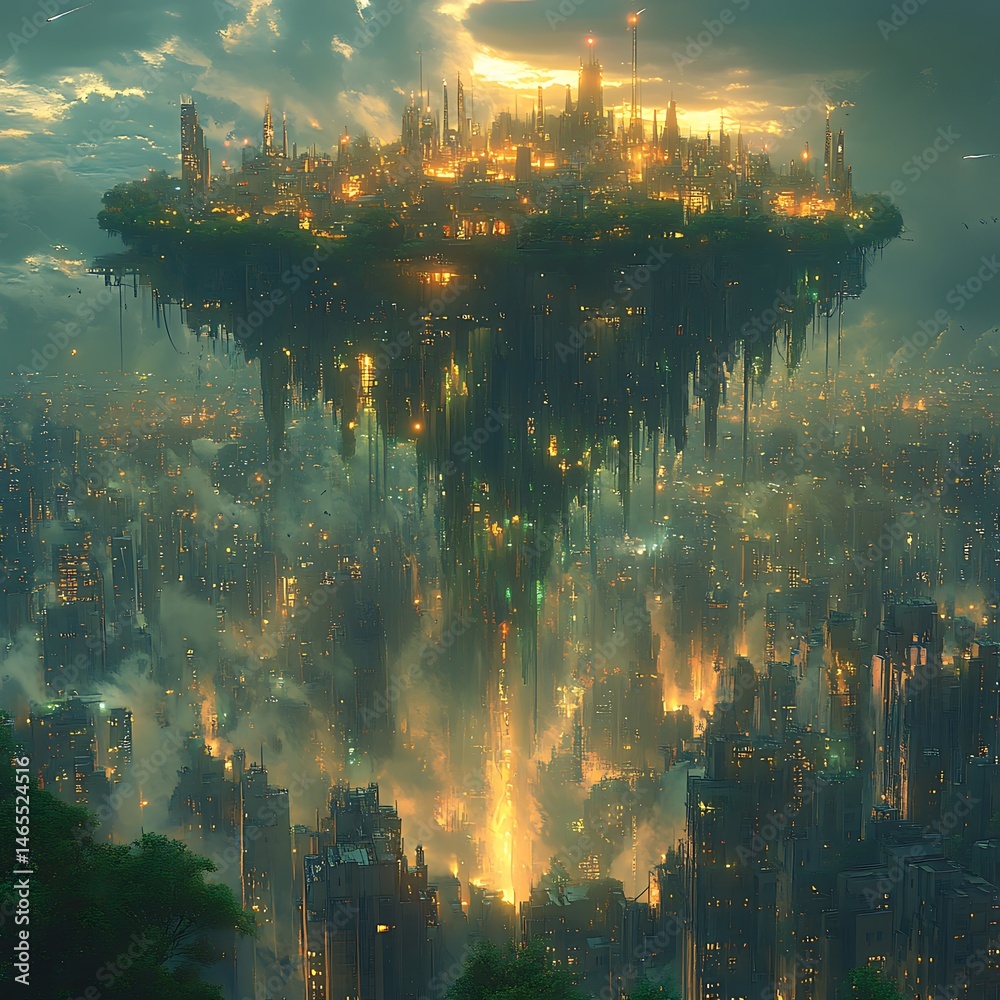 Fototapeta premium Futuristic Floating Metropolis Photo With Vibrant Lights And Dense Urban Sprawl