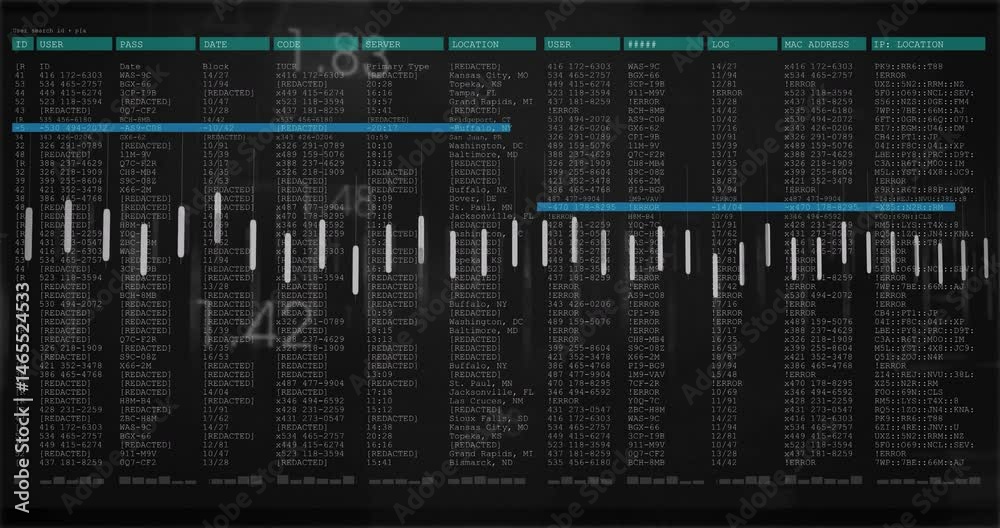 Monochrome interface being animated with network log table overlaid audio waveform in flat design