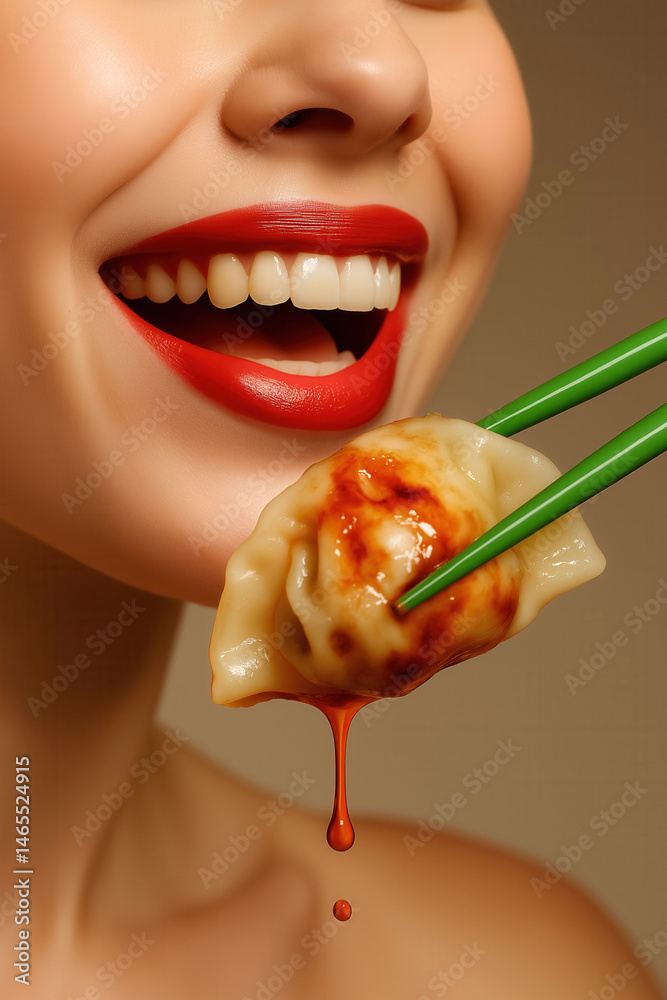 Close-up of a smiling woman holding a dripping dumpling with chopsticks near her mouth, showcasing food enjoyment and Asian cuisine.