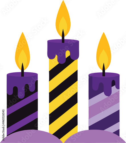 Whimsical silhouette candles vector with striped design, Halloween candle trio illustration, Cartoon festive candle clipart, Striped spooky candle vector