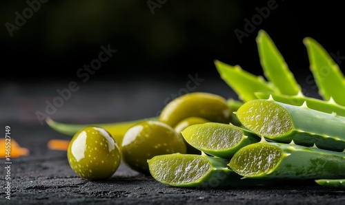 Bunch of green aloe vera leaves and green olives on a dark table. The olives are cut in half and the aloe vera leaves are cut in half as well