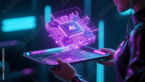Person holding tablet with ai chip hologram overlay in a futuristic neon lit environment