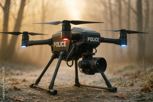 Obraz na płótnie A police surveillance drone with a camera rests on frosty ground in a foggy forest during early morning, highlighting modern law enforcement technology. w salonie