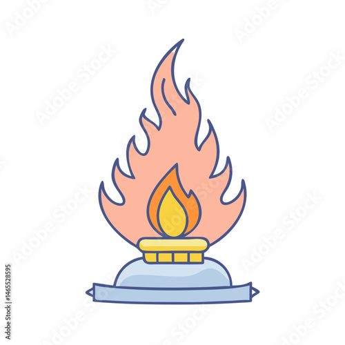 Illustration of gas flame burner with light blue base and orange flame energy source concept design