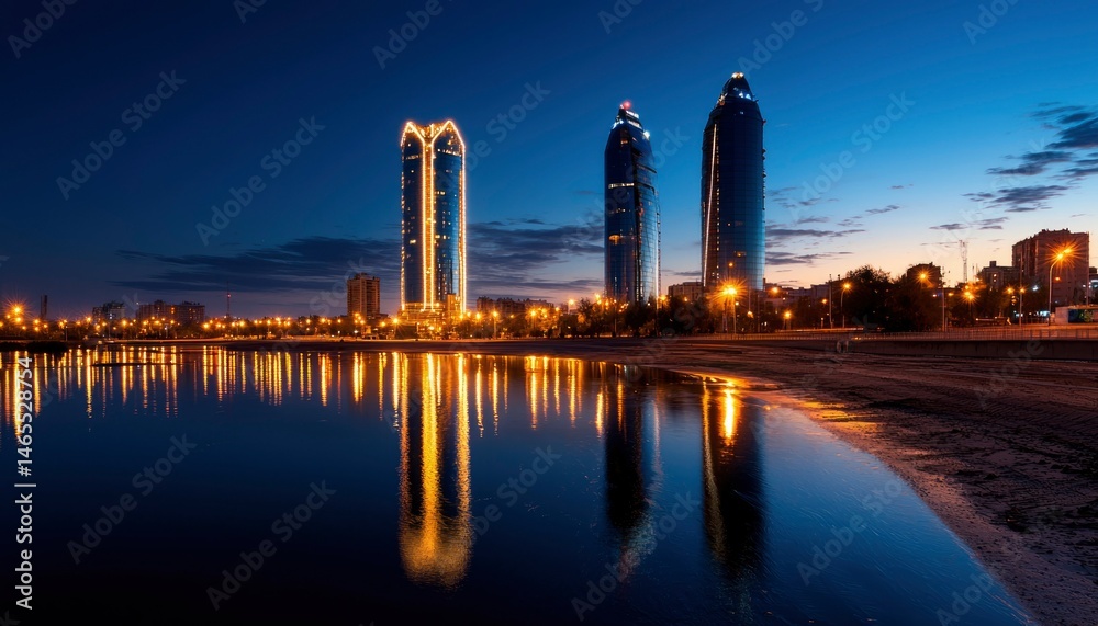 Fototapeta premium City skyline at dawn reflected in water