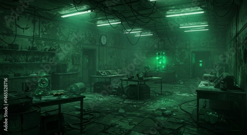 Abandoned, eerie lab, dimly lit