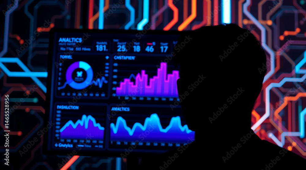 Obraz premium Silhouette Analyzing Data Insights on Screen Displaying Charts and Graphs