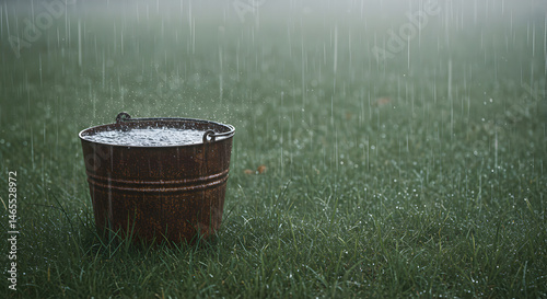 Bucket Full of Water in a Field During Heavy Rainfall Season