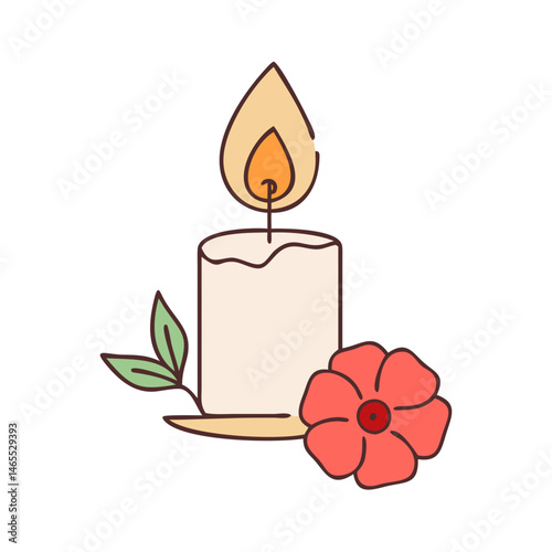 Illustration of candle with flame, flower, and leaves for decoration and memorial design element use