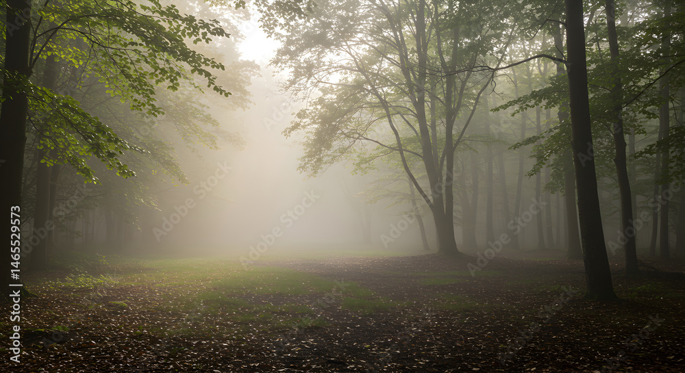 Obraz premium Mystical Forest Scenery With Dense Fog And Sun Rays Illuminating The Woods