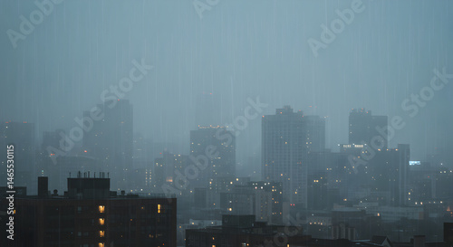 Cityscape In A Downpour With Illuminated Windows Against Overcast Sky