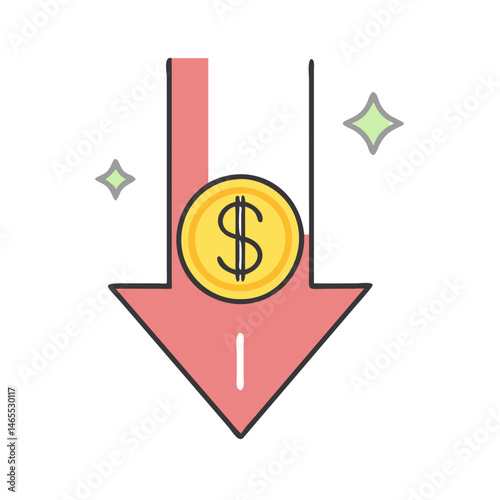Decrease in value dollar coin down arrow financial crisis recession market crash economy drop