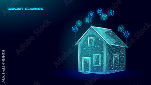 Digital house illustration with floating icons. Features interconnected network structure, windows, and door. Real estate smart home systems. Low poly art style with dark blue gradient background