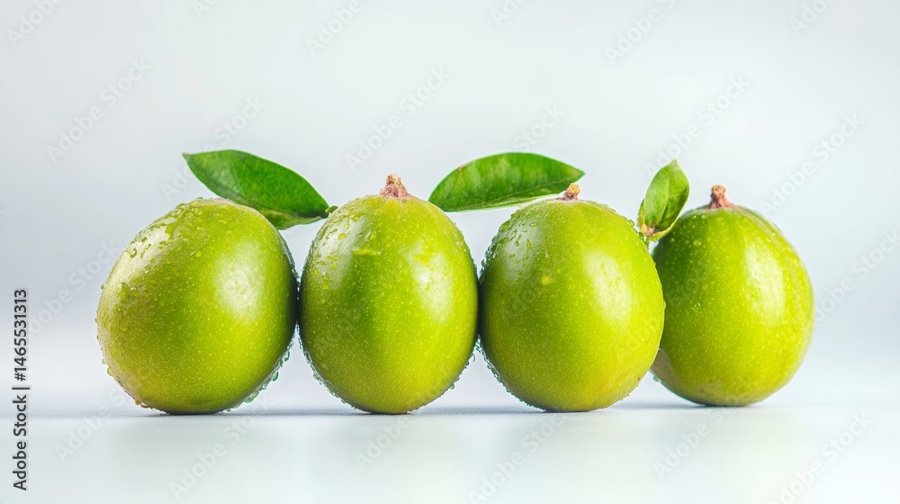 Four green fruits with green leaves on top. The fruits are placed in a row on a white background Four green fruits with green leaves on top. The fruits are placed in a row on a white background