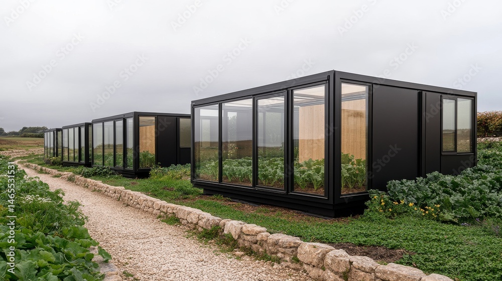 Modern Black Greenhouses with Stone Path, agriculture , minimalist Modern Black Greenhouses with Stone Path, agriculture , minimalist