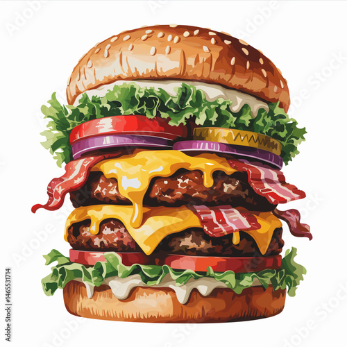 Watercolor Giant Cheeseburger with Bacon and Vegetables