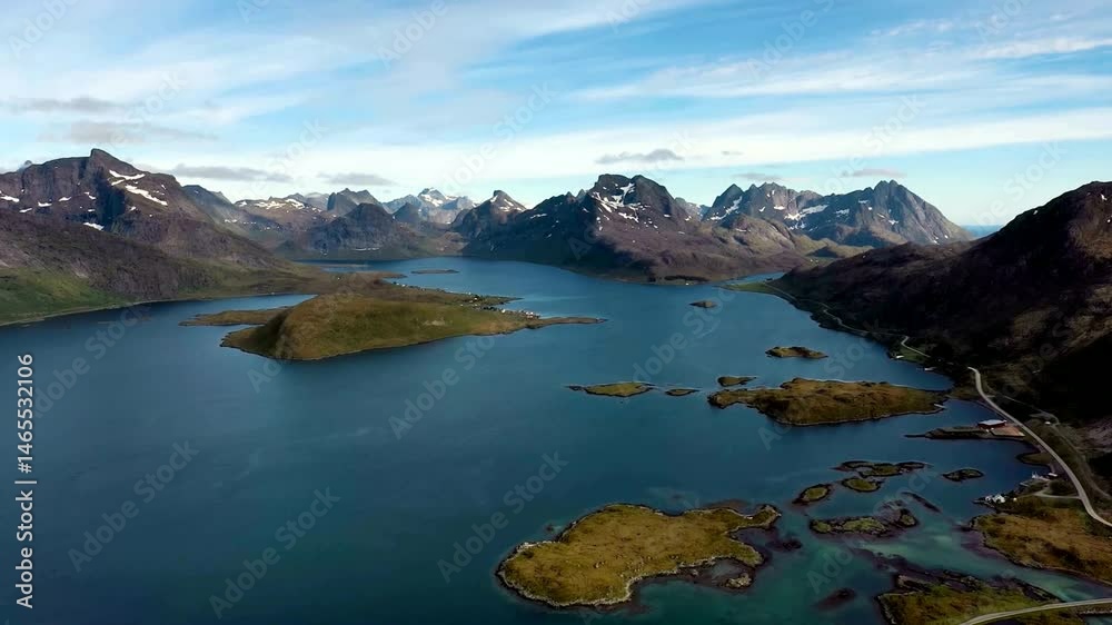 Aerial View of Serene Fjord Landscape with Islands and Mountains Aerial View of Serene Fjord Landscape with Islands and Mountains