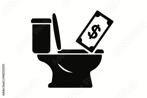  Flushing Money in Toilet Silhouettes in black on a white background 