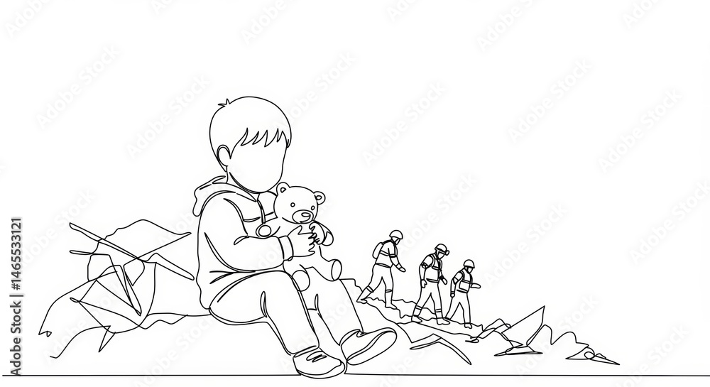 Minimalist line drawing: Child with stuffed toy amidst earthquake rubble rescue scene Minimalist line drawing: Child with stuffed toy amidst earthquake rubble rescue scene