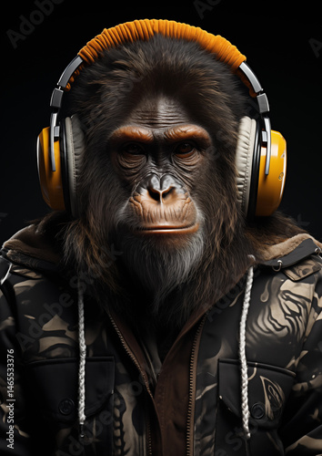 Chimpanzee DJ wearing jacket and headphones