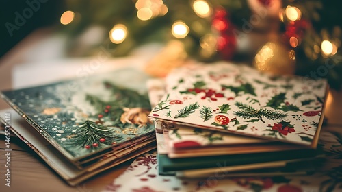 Festive christmas cards stacked on a wooden surface.