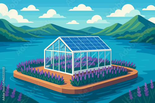 Flat ag‑tech scene with PV pontoons, purple rows, and blue water