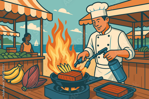 Flat plant‑food scene with banana flower slices, blue flame, and ocean stalls
